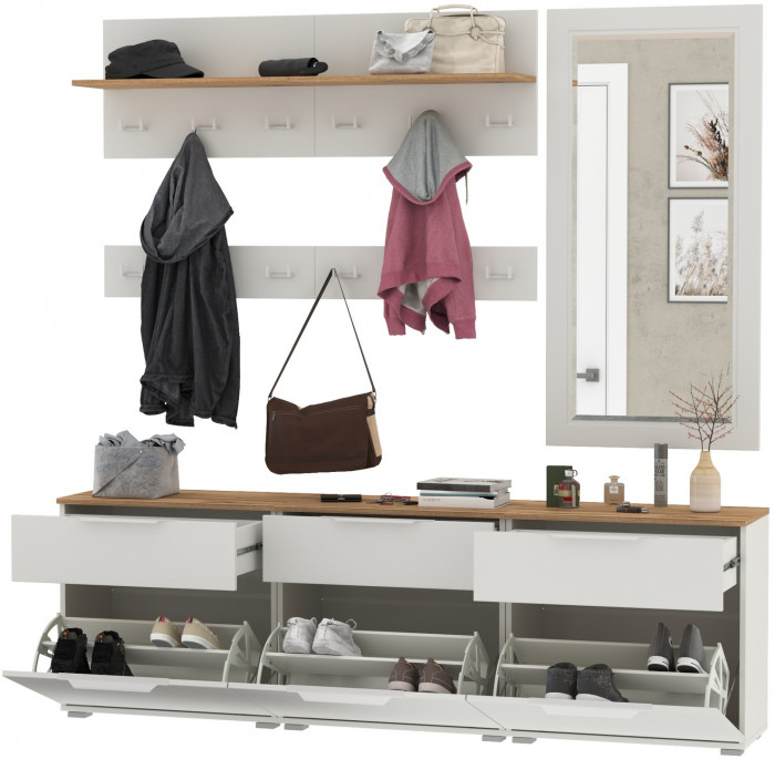 Октава Прихожая 41, цвет белый шагрень/дуб крафт золотой/фасады МДФ белый шагрень, ШхГхВ 194,7х35,4х197 см., универсальная сборка