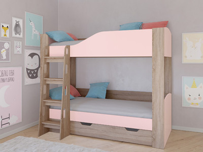 Кровать двухъярусная АСТРА 2 Сонома/Розовый с ящиком