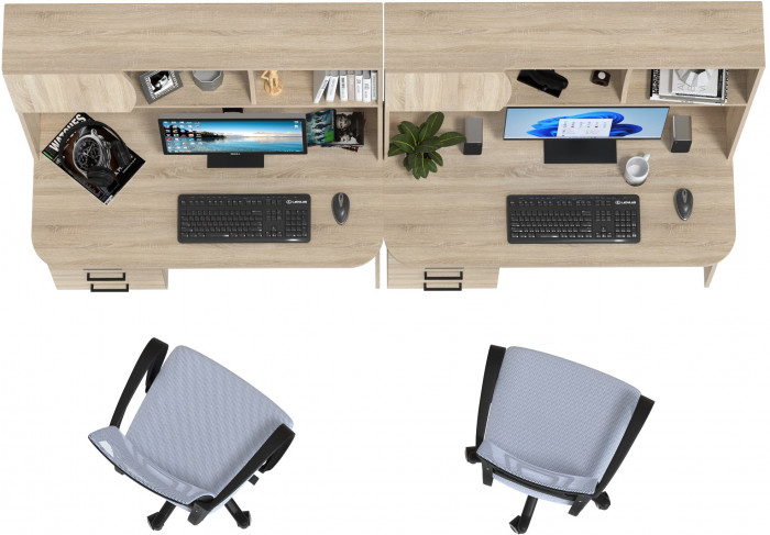 Два стола рабочих 6-0606 Сигма + два кресла 103 серых, цвет дуб сонома, ШхГхВ 241х60,5х166 см., НЕ универсальная сборка