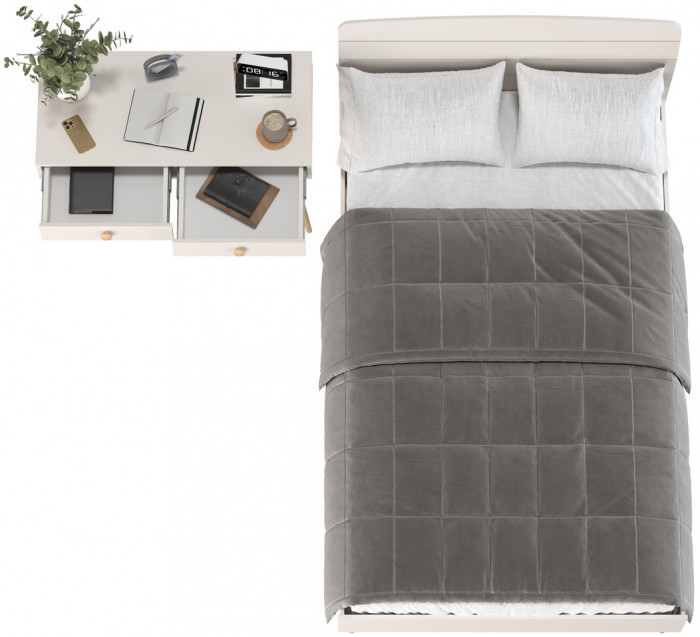 Афина Спальня Кровать 1200 + Стол, цвет кашемир серый, ШхГхВ 123,6х210,2х95,7 + 100х45х76 см., сп.м. 1200х2000 мм., б/м, основание есть