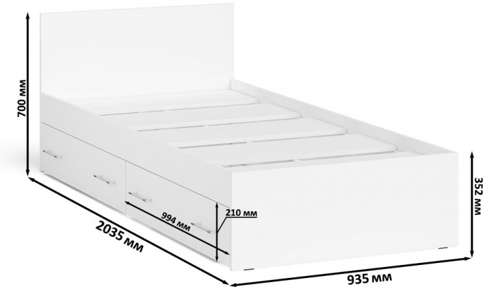 Мори Кровать с ящиками 0900, цвет белый, ШхГхВ 93,5х203,5х70 см., сп.м. 900х2000 мм., без матраса, основание есть
