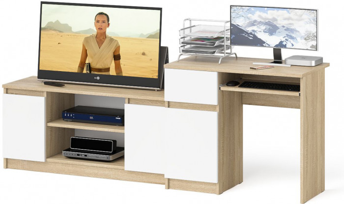 Мори компьютерный стол МС-1 левый + Тумба МТВ1200.1, дуб сонома/белый