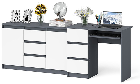 Мори компьютерный стол МС-6 левый + Комод МК1200.3, графит/белый