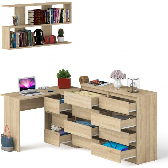 Мори компьютерный стол МС-16 правый + Комод МК1200.8 + Полка 1200, дуб сонома