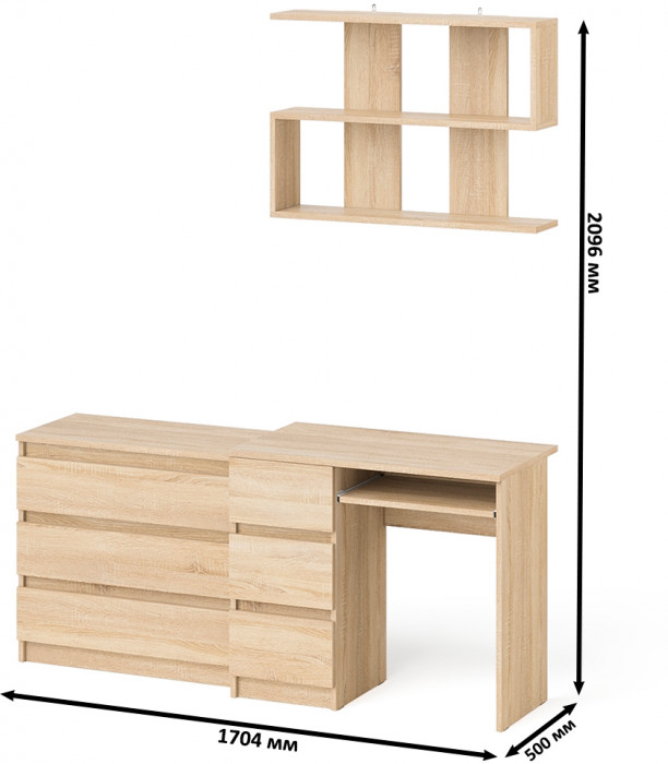 Мори компьютерный стол МС-6 левый + Комод МК800.1 + Полка 900, дуб сонома