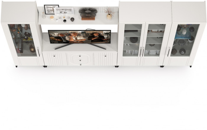 Валенсия Гостиная № 105, цвет ЛДСП белый шагрень/МДФ белый шагрень, ШхГхВ 327,3х38,4х225,2 см., ниша для ТВ 133х38х100 см., универсальная сборка