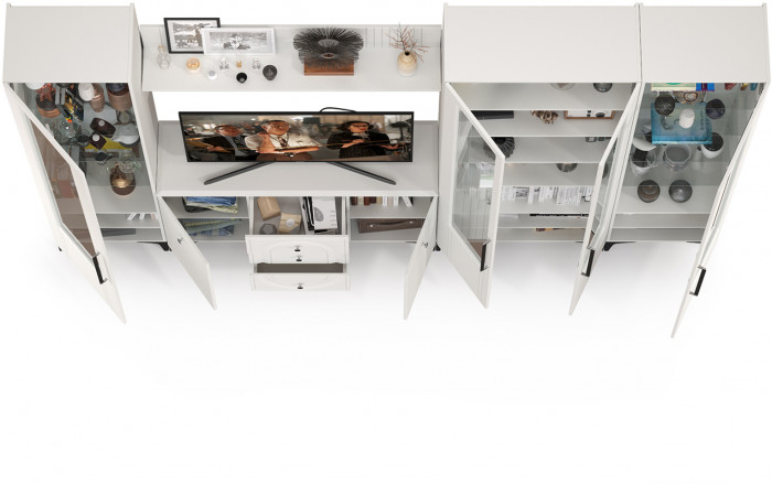 Валенсия Гостиная № 105, цвет ЛДСП белый шагрень/МДФ белый шагрень, ШхГхВ 327,3х38,4х225,2 см., ниша для ТВ 133х38х100 см., универсальная сборка