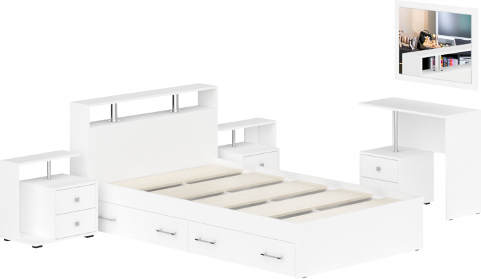 Камелия спальня № 13 Кровать с ящиками 1200 + Две тумбы + Стол косметич. + Зеркало, цвет белый, сп.м. 1200х2000 мм., б/м, основание есть