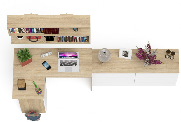 Мори компьютерный стол МС-16 левый + Комод МК1380.6 + Полка 1200, дуб сонома/белый