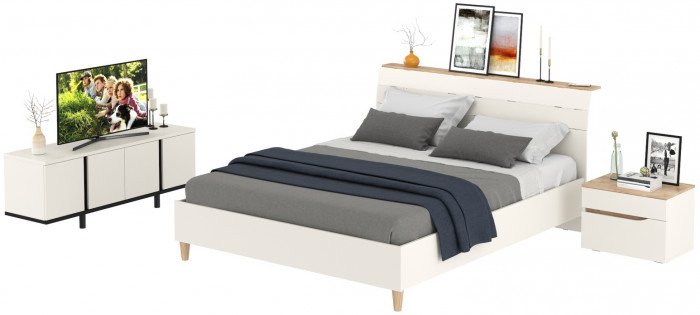 Муссон Кровать 11.41 + ортопед + Тумба 16.03 + Тумба ТВ 13.276, цвет белый/чёрный/дуб эндгрейн элегантный, сп. м. 1600х2000 мм., б/м
