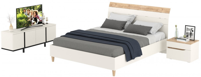Муссон Кровать 11.41 + ортопед + Тумба 16.03 + Тумба ТВ 13.276, цвет белый/чёрный/дуб эндгрейн элегантный, сп. м. 1600х2000 мм., б/м