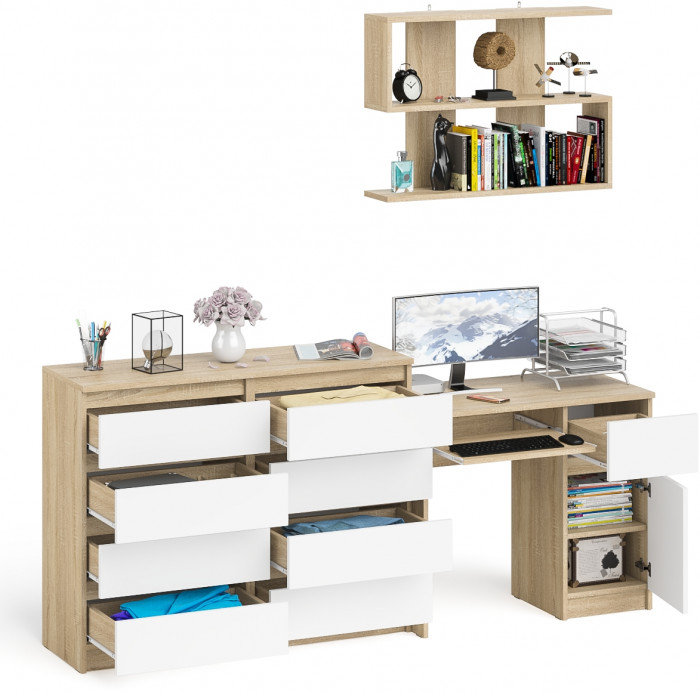 Мори компьютерный стол МС-1 правый + Комод МК1200.8 + Полка 900, дуб сонома/белый