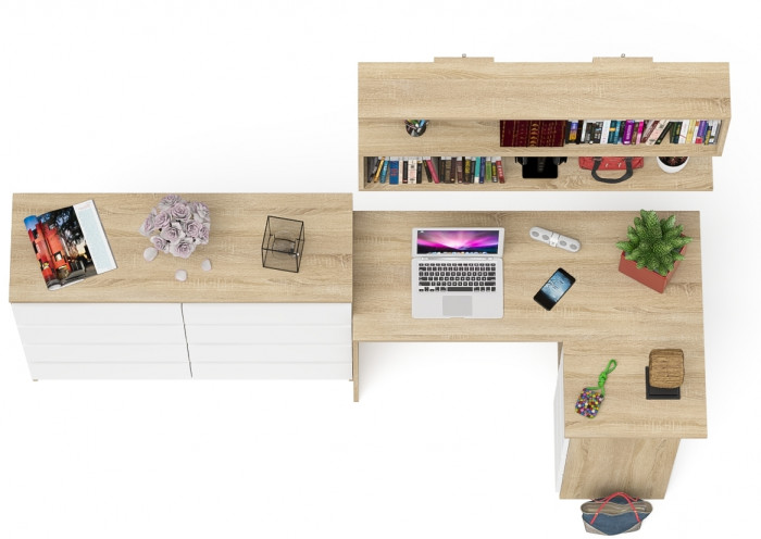 Мори компьютерный стол МС-16 правый + Комод МК1200.8 + Полка 1200, дуб сонома/белый