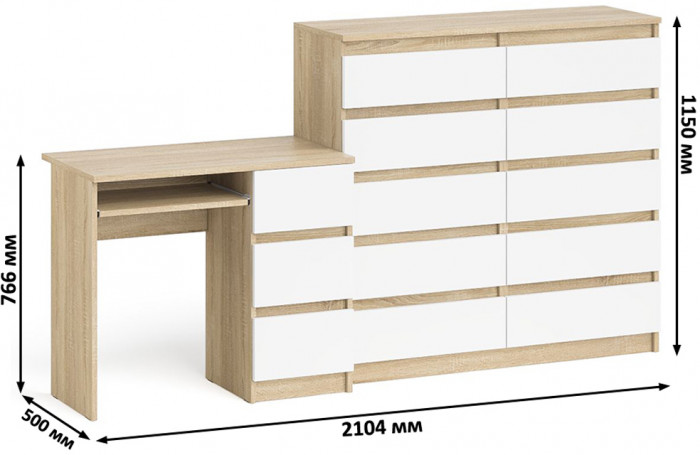 Мори компьютерный стол МС-6 правый + Комод МК1200.10, дуб сонома/белый