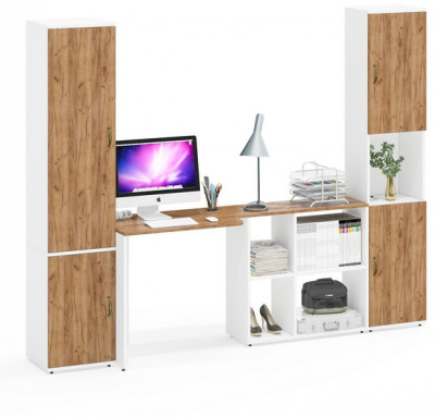 Лидер-8 Пенал МД 21Б + Стол + Пенал, цвет белый шагрень/крафт золото, ШхГхВ 245х50/37,5х75/190 или 155х120/50х75/190 см., НЕ универсальная сборка