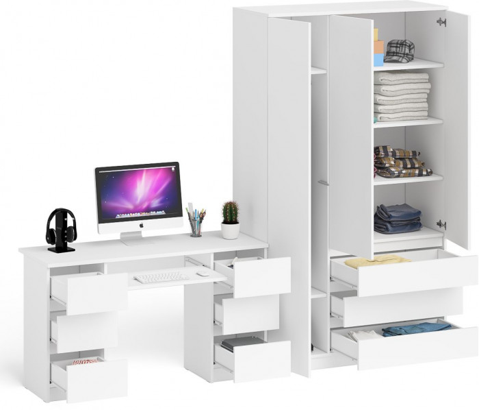 Мори Стол компьютерный МС-2 + Шкаф МШ1200.1, цвет белый, ШхГхВ 255,8х50,4х209,6 см., универсальная сборка