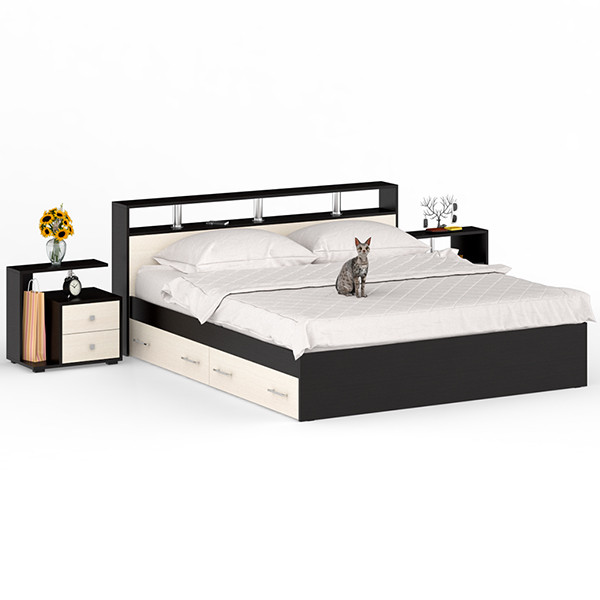 Камелия Кровать с ящиками 1800 + две тумбы, венге/дуб лоредо