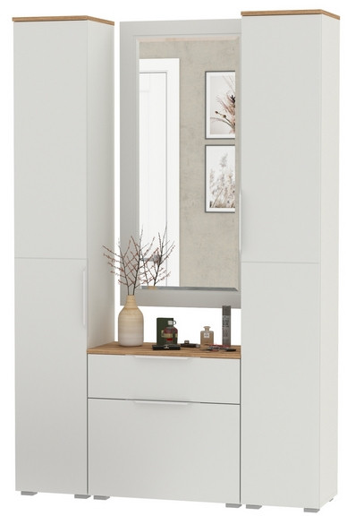 Октава Прихожая 43, цвет белый шагрень/дуб крафт золотой/фасады МДФ белый шагрень, ШхГхВ 129,3х35,4х197,6 см., универсальная сборка