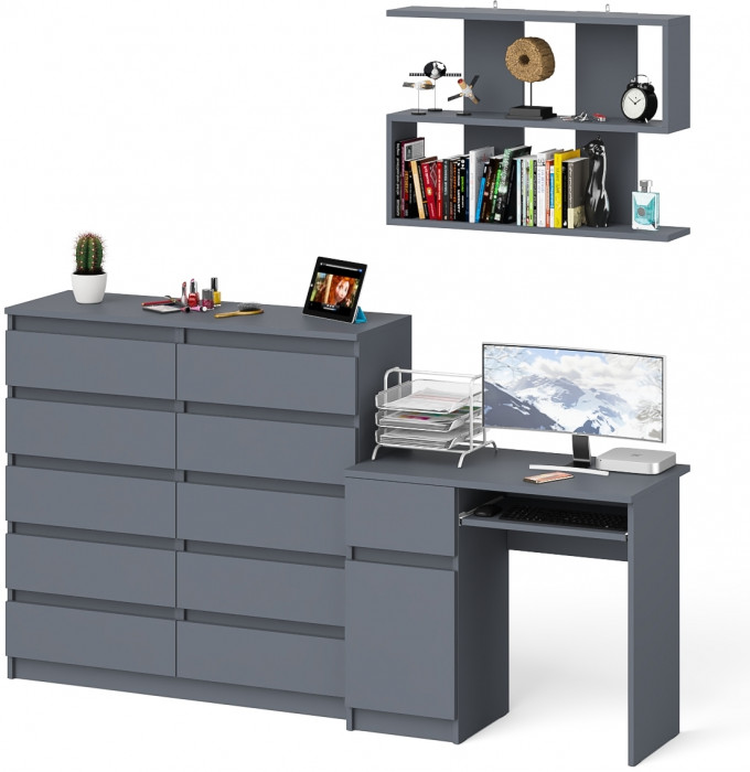 Мори компьютерный стол МС-1 левый + Комод МК1200.10 + Полка 900, графит