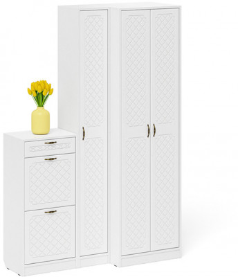 Прихожая П-6 Компоновка № 28, белая шагрень/фасады МДФ белое дерево фрезеровка ромб