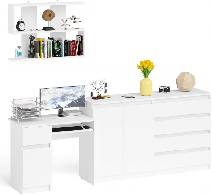 Мори компьютерный стол МС-1 левый + Комод МК1600.1 + Полка 900, белый