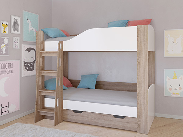 Кровать двухъярусная АСТРА 2 Сонома/Белый с ящиком