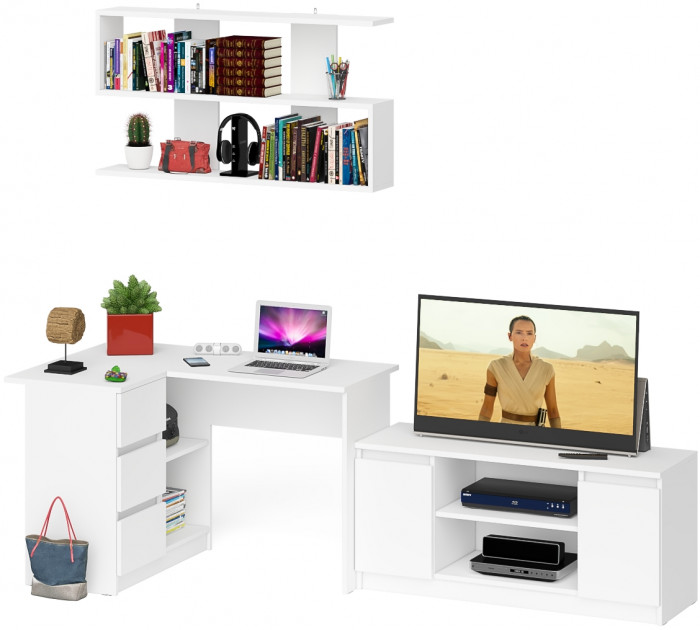 Мори компьютерный стол МС-16 левый + Тумба МТВ1200.1 + Полка 1200, белый