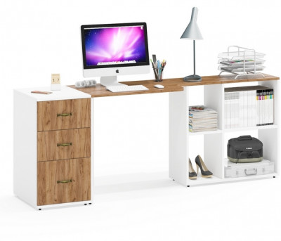 Лидер-8 Стол + Тумба МД 3.16, цвет белый шагрень/крафт золото, ШхГхВ 205х50/30х75 см. или 115х50/120х75 см., НЕ универсальная сборка