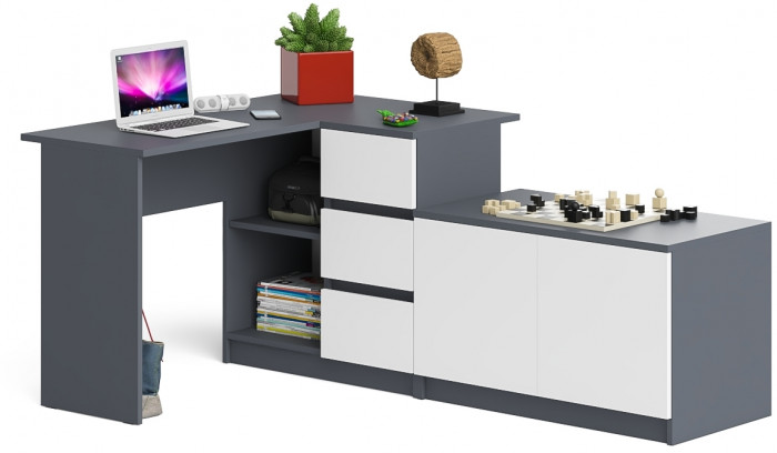 Мори Стол компьютерный МС-16 правый + Тумба МА900.1, цвет графит/белый, ШхГхВ 214,8х84,9х76,6 см., выдвижные ящики справа, НЕ универсальная сборка