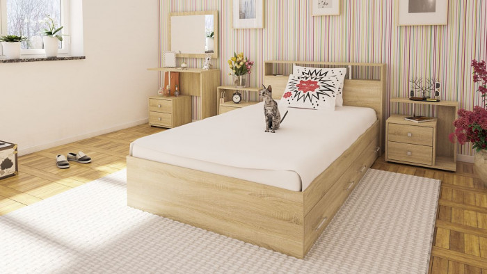 Камелия спальня № 13 Кровать с ящиками 1200 + Две тумбы + Стол косметич. + Зеркало, цвет дуб сонома, сп.м. 1200х2000 мм., б/м, основание есть