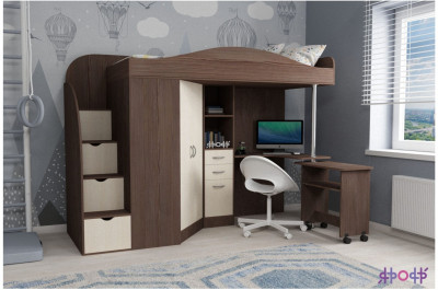 Кровать-чердак Юниор 4 (Ясень Анкор Темный/Дуб молочный)