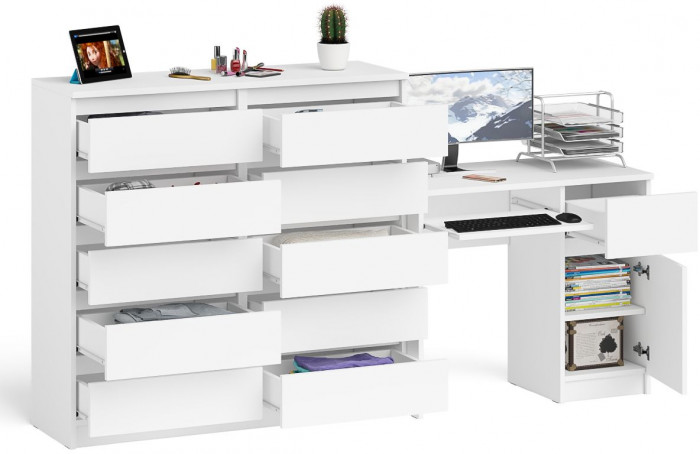 Мори Стол компьютерный МС-1 правый + Комод МК1200.10, цвет белый, ШхГхВ 210,4х50х115 см., выдвижной ящик справа, НЕ универсальная сборка