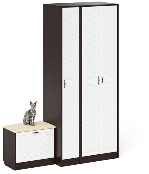 Прихожая П-6 Компоновка № 45, цвет венге/фасады МДФ белое дерево фрезеровка ромб, ШхГхВ 150х50х210 см., универсальная сборка