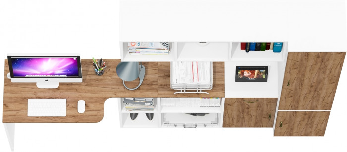 Лидер-8 Стол + Полка + Тумба МД 3.15 + Пенал МД 21Б, белый шагрень/крафт золото
