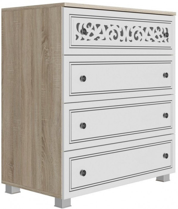 Стиль МАДЛЕН Комод (Дуб Сонома светлый/Ясень белый Эмаль/Серебро)