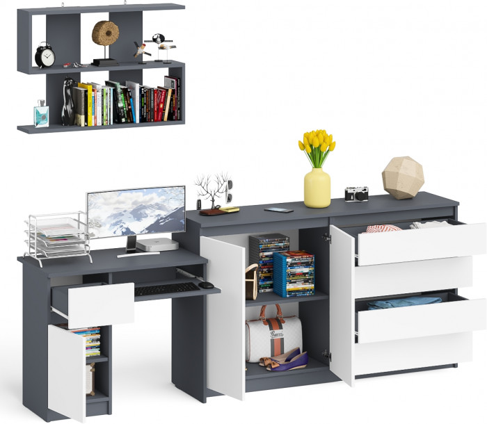 Мори компьютерный стол МС-1 левый + Комод МК1600.1 + Полка 900, графит/белый
