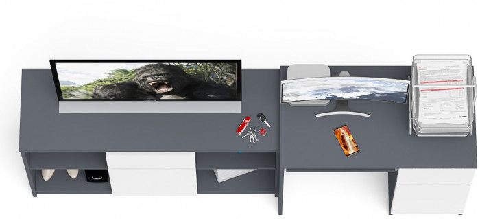 Мори компьютерный стол МС-1 правый + Тумба МТВ1204.1, графит/белый