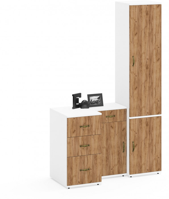 Лидер-8 Пенал МД 21Б + Тумба МД 3.15 + Тумба МД 3.16, цвет белый шагрень/крафт золото, ШхГхВ 120х50х190 см., универсальная сборка