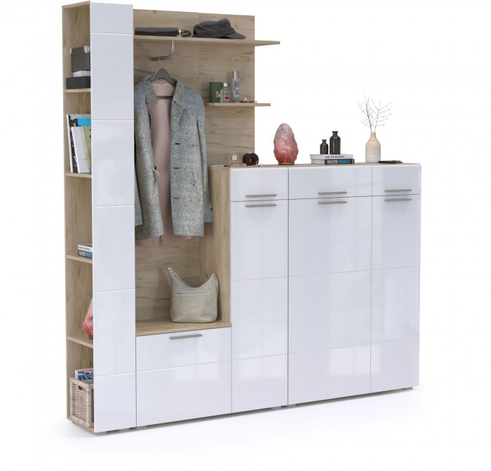 Лайн Прихожая № 09, цвет дуб крафт серый/фасады МДФ белый глянец, ШхГхВ 201,8х35,1х210 см., НЕ универсальная сборка