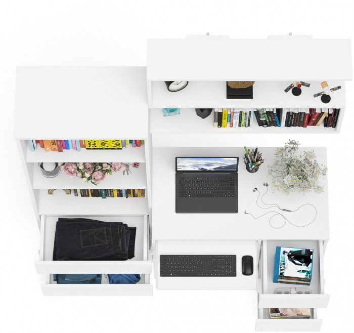 Мори компьютерный стол МС-6 правый + Стеллаж МСТ600.3 + Полка 900, белый