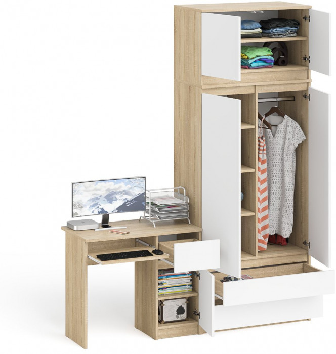 Мори Стол компьютерный МС-1 правый + Шкаф МШ900.1 + Антресоль МА900.1, цвет дуб сонома/белый, ШхГхВ 180,4х50,4х234,2 см., выдв. ящ. справа, НЕ ун. сб.