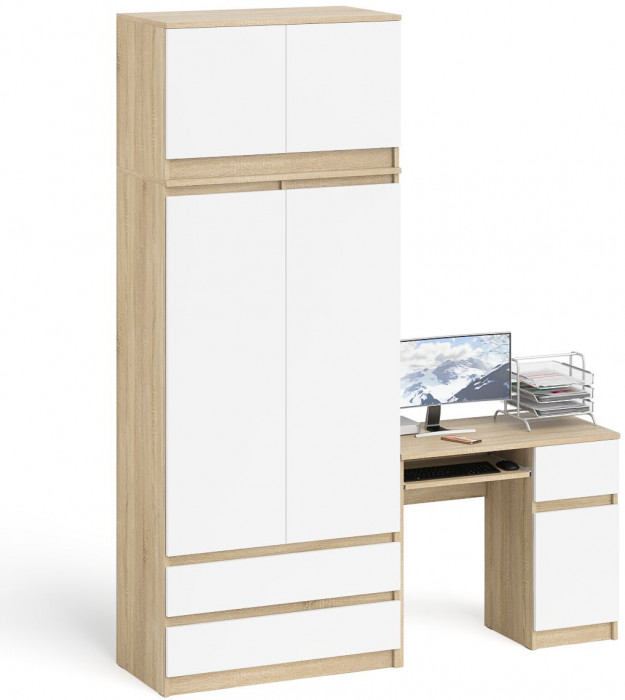 Мори Стол компьютерный МС-1 правый + Шкаф МШ900.1 + Антресоль МА900.1, цвет дуб сонома/белый, ШхГхВ 180,4х50,4х234,2 см., выдв. ящ. справа, НЕ ун. сб.