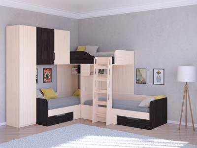 Трехместная кровать ТРИО/1 Дуб молочный/Венге