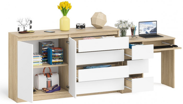 Мори Стол компьютерный МС-6 левый + Комод МК1600.1, цвет дуб сонома/белый, ШхГхВ 250,4х50х94 см., выдвижные ящики слева, НЕ универсальная сборка