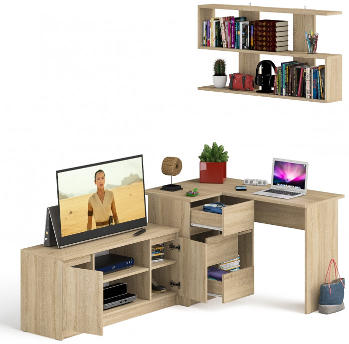 Мори компьютерный стол МС-16 левый + Тумба МТВ1200.1 + Полка 1200, дуб сонома