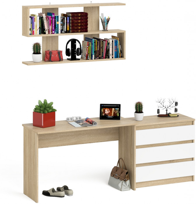 Мори письменный стол МСП1200.1 + Комод МК800.1 + Полка 1200, дуб сонома/белый