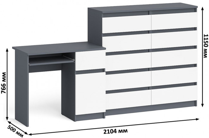 Мори Стол компьютерный МС-1 правый + Комод МК1200.10, цвет графит/белый, ШхГхВ 210,4х50х115 см., выдвижной ящик справа, НЕ универсальная сборка