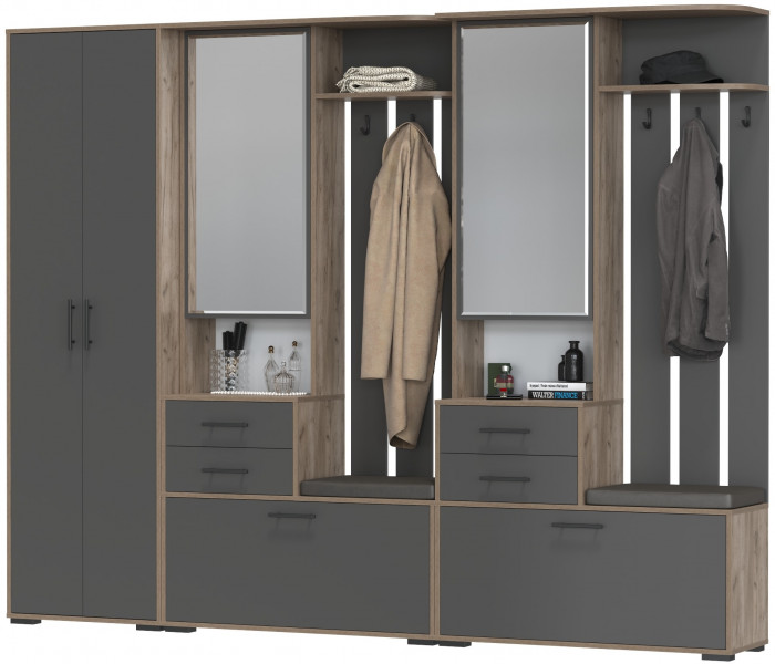 Прихожая Домино 3, цвет дуб крафт табачный/графит, ШхГхВ 260х36х202 см., универсальная сборка