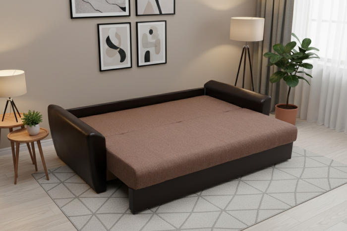 Диван-еврокнижка Амстердам 140, рогожка/экокожа коричневая