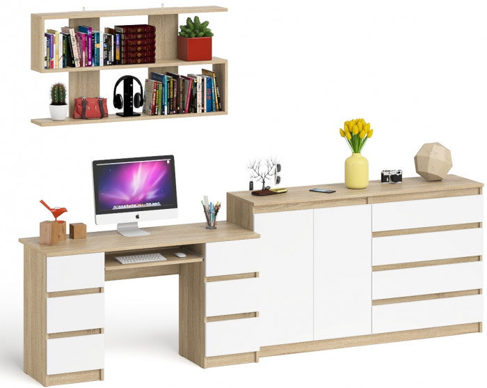 Мори компьютерный стол МС-2 + Комод МК1600.1 + Полка 1200, дуб сонома/белый